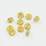 Abalorios de latón Diamante de imitación espaciador, Grado A, brida recta, color metal dorado, rerondana plana, cristal, 8x3.8mm, agujero: 1.5 mm