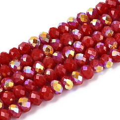 Hilos de cuentas redondas de vidrio opaco chapadas en color AB, facetados, de color rojo oscuro, 4.5x3.5mm, agujero: 0.7~1 mm, aproximamente 108~116 pcs / cadena, 14.76~16.73'' (37.5~42.5 cm)