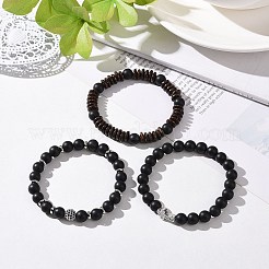Ensemble de bracelets extensibles en perles d'agate noire et de noix de coco teintées et chauffées naturellement&nbsp;BJEW-JB08935