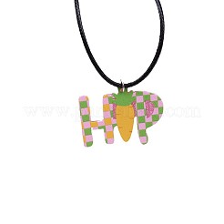 Красочный кулон в клетку из акрила с рисунком «Счастливой Пасхи» на черном вощеном шнурке для женщин&nbsp;FS-WGC6641-01