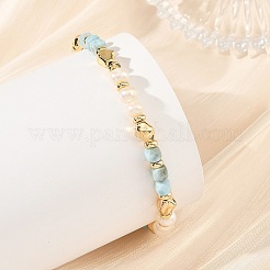 Armbänder aus facettiertem Larimar-Würfel und Perlen mit Messingperlen für Damen&nbsp;BJEW-JB14475-01
