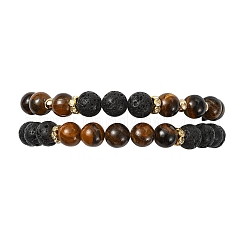 Bracelets extensibles ajustables en œil de tigre naturel et en pierre de lave naturelle&nbsp;BJEW-JB14150-02