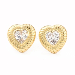 Aretes de corazón con circonitas cúbicas transparentes, joyería de latón chapado en rack para mujer, sin plomo y cadmio, real 18k chapado en oro, 14.5x14.5mm, pin: 0.8 mm