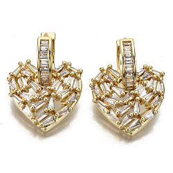 Brass Micro Pave Clear Cubic Zirconia Dangle Huggie Hoop Earrings, Nickel Free, Heart, Real 16K Gold Plated, 28mm, Pin: 1mm