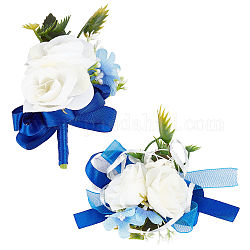 Craspire 1 pieza ramillete de muñeca de tela de seda, con 1 pieza de broche de flor en el ojal de tela de seda, para la boda, fiestas, azul marino, 127x22~90x47mm