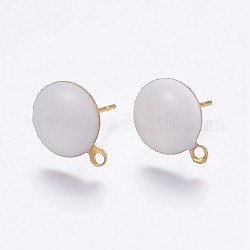 Ion Plating(IP) 304 Stainless Steel Stud Earring Findings, with Loop, Enamel, Flat Round, Golden, White, 12.5x10x2mm, Hole: 1.2mm, Pin: 0.8mm