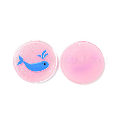 Ciondoli acrilico, con smalto e polvere glitterata, tondo piatto con disegno delfino, perla rosa, 24x2mm, Foro: 1.5 mm