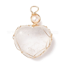 Ciondoli in cristallo di quarzo naturale e perle d'acqua dolce, con vero filo di rame placcato oro 18k avvolto, cuore, 33~36.5x24.5x8.5~11.5mm, Foro: 4 mm