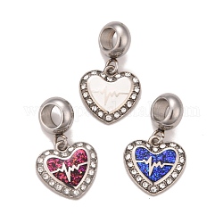 304 Stainless Steel Crystal Rhinestone European Dangle Charms, Large Hole Pendants, with Enamel and Fluorescence Slice, Stainless Steel Color, Heart with Heartbeat Pattern, Mixed Color, 22.5mm, Hole: 4.5mm