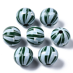 Gemalte europäische Perlen aus Naturholz, Großloch perlen, gedruckt, rund mit streifen, dunkelgrün, 16x15 mm, Bohrung: 4 mm