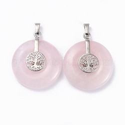Natural Rose Quartz Pendants, with Platinum Tone Brass Findings, Donut/Pi Disc with Tree of Life, 35.5x30x8.5~9.5mm, Hole: 4.5x6.5mm
