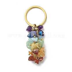 Porte-clés en perles de pierre précieuse naturelle sur le thème du chakra, avec accessoires en 304 acier inoxydable, or, 6.5 cm