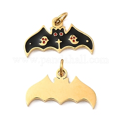 Chapado iónico de halloween (ip) 304 colgantes de acero inoxidable, con esmalte y anillo de salto, dorado, amuleto de murciélago, negro, 16x9x1mm, agujero: 2.6 mm