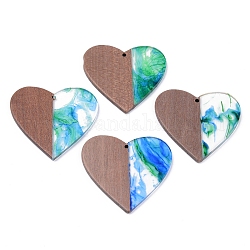 Pendenti in resina e legno di noce, Two Tone, cuore, verde, 46x48x2~3mm, Foro: 2 mm