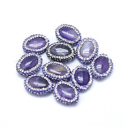 Perles d'améthyste naturelle, avec strass en pâte polymère, ovale, violette, 18~20x14~16x5~7mm, Trou: 0.8~1mm
