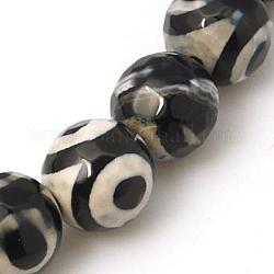 Perles dzi à 3 œil de style tibétain, agate naturel, teinte, facette, ronde, noir, 8mm