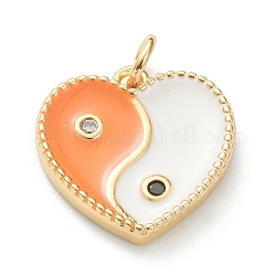 Brass Micro Pave Cubic Zirconia Pendants, with Enamel, Long-Lasting Plated, Real 18K Gold Plated, Heart with Yin Yang, Orange, 15x15x2.5mm, Hole: 3mm