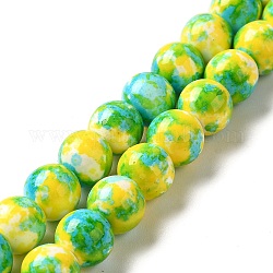 Hilos de perlas sintéticas teñidas de turquesa, redondo, amarillo, 7~8x7~8mm, agujero: 1 mm, aproximamente 50 pcs / cadena, 14.29~14.65'' (36.3~37.2 cm)