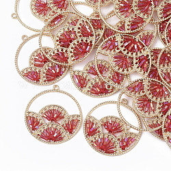 Polyester Thread Woven Pendants, with Glass Seed Beads and Light Gold Plated Alloy Findings, Flat Round with Fan, Red, 37.5x34.5x2mm, Hole: 1.8mm