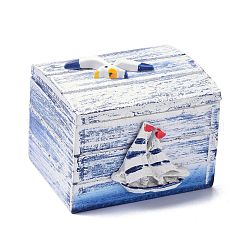 Boite en bois, boîte à rabat, avec bateau en résine, rectangle, blanc, 6x7.5x6.4 cm