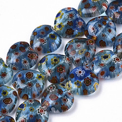 Chapelets de perles vernissées de millefiori manuelles, cœur, bleuet, 11~12x12x4~5mm, Trou: 1mm, Environ 32~33 pcs/chapelet, 12.72 pouce ~ 13.78 pouces (32.3~35 cm)