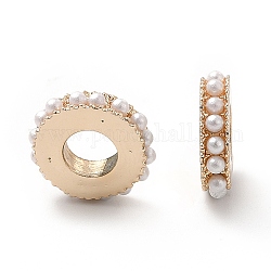 Rack Plating Alloy European Beads, with ABS Imitation Pearls, Large Hole Beads, Flat Round/Disc, Light Gold, 11.5x3mm, Hole: 5mm