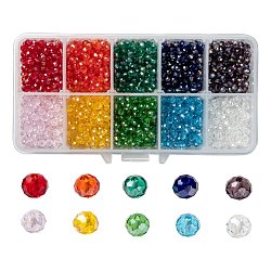 Perles de verre galvanisées 10 couleurs, de couleur plaquée ab , facette, rondelle, couleur mixte, 4x3mm, Trou: 0.4mm, 10 couleurs, 200 pcs / couleur, 2000 pcs / boîte