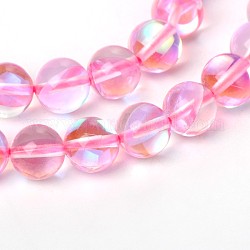Synthetical Moonstone Round Beads Strands, Holographic Beads, Dyed, Pearl Pink, 12mm, Hole: 1mm, about 33pcs/strand, 15.5 inch