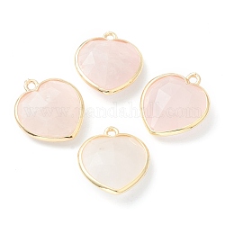 Ciondoli quazo rosa naturale, con bordo in ottone dorato, sfaccettato, cuore, 19x16.5x6~6.5mm, Foro: 1.6 mm
