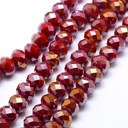 Electroplate Opaque Solid Color Crystal Glass Rondelle Beads Strands, Faceted, AB Color Plated, Dark Red, 10x7mm, Hole: 1mm, about 70pcs/strand, 20 inch