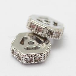 Perles de zircone cubique micro pave en Laiton, hexagone, sans plomb et sans nickel, platine, 6x5.5x2mm, Trou: 0.8mm