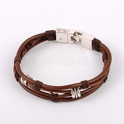 Bracelets à rangs multiples avec cordon en cuir de vachette, avec cordon ciré, accessoires de style tibétain et fermoirs verrouillage snap, selle marron, 210mm