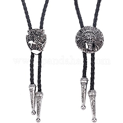 Gorgecraft 2Pcs 2 Style Engraved Oval & Flat Round Laria Necklaces for Men Women, Imitation Leather Cord Adjustable Necklaces Set, Black, Antique Silver, 40.94 inch(104cm), 1pc/style