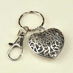 Valentinstag Geschenke tibetischen Stil Herz keychain, Schlüsselhaken mit Eisenlegierung Zubehör und Drehverschlüsse, Antik Silber Farbe, 95 mm