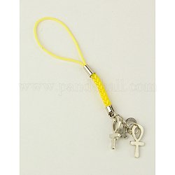 Nylon Mobile Straps for Easter, with Tibetan Style Pendants, Ankh Cross, Yellow, 100mm