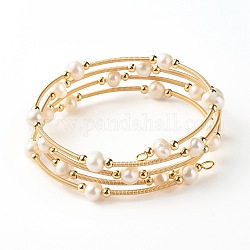 Natural Pearl Beads Four Loops Wrap Bracelets, with Copper & Steel Memory Wire, Brass Beads , Golden, 5/8 inch(1.5cm), Inner Diameter: 1-7/8 inch(4.8cm)