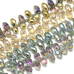 Electroplate Glass Beads Strands, Top Drilled Beads, Rainbow Plated, Faceted, Teardrop, Mixed Color, 12~13x6mm, Hole: 1mm, about 96~100pcs/17.9 inch