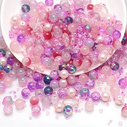 Perles en verre, rond & étoile de mer & poisson & rondelle, mixedstyle, rose, 2~14x2~10x1~8.5mm, Trou: 0.8~1.5mm