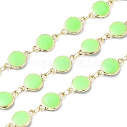 Handmade Alloy Enamel Flat Round Link Chains, with Spool, Soldered, Long-Lasting Plated, Lead Free & Cadmium Free, Golden, Light Green, 13x8x2.3mm, about 16.4 Feet(5m)/roll