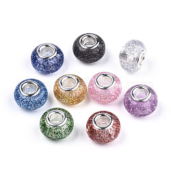 Epoxy Resin European Beads, Large Hole Beads, with Glitter Powder and Platinum Tone Brass Double Cores, Rondelle, Mixed Color, 14x9mm, Hole: 5mm