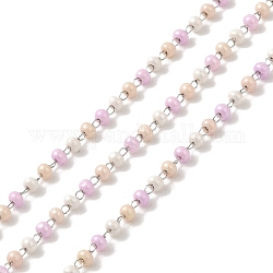 Cadenas de cuentas de semillas de vidrio con perlas de imitación, con 304 fornituras de acero inoxidable, soldada, con carrete, rosa, 1.5x1.2x0.1mm, 2.3x1.5mm