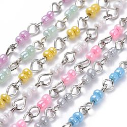 Chaînes en perles de rocaille faites à la main, avec des épingles en fer, platine, non soudée, couleur mixte, 39.37 pouce (1 m), lien: 3~4x13.5x0.8~3 mm, 1 m / chapelet