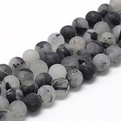 Chapelets de perles en quartz rutile noir naturel, mat, ronde, 8~9mm, Trou: 1mm, Environ 45~48 pcs/chapelet, 15.7 pouce