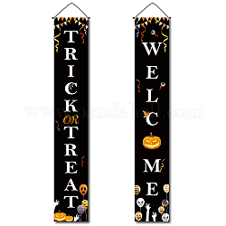 Signe de polyester suspendu d'halloween pour les décorations de bienvenue de porche de porte d'entrée de bureau à domicile, rectangle avec word trick traiter bienvenue, motif sur le thème d'halloween, 180x30 cm, 2 pièces / kit