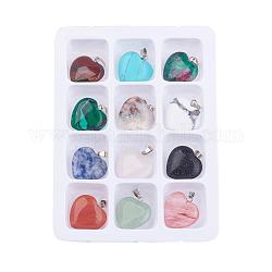 Ciondoli di pietre preziose misti naturali e sintetici, con chiusure in ottone, cuore, 22x21x6mm, Foro: 6x2 mm, 12pcs/scatola