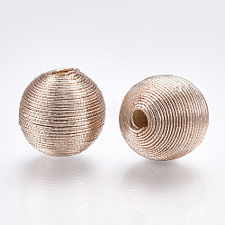 Perles de bois recouvertes de fil de cordon polyester, ronde, navajo blanc, 14~15x13~14mm, Trou: 2~3mm