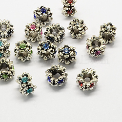 Aleación Diamante de imitación abalorios europeas, flores abalorios agujero grande, plata antigua, color mezclado, 11x9mm, agujero: 5 mm