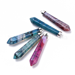 Natural Crackle Agate Big Pointed Pendants, with Alloy Findings, Bullet, Dyed, Platinum, 54~56x11x10mm, Hole: 1.5mm