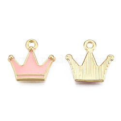 Alloy Pendants, with Enamel, Light Gold, Crown, Pink, 15x16x2.5mm, Hole: 2mm