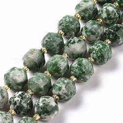 Fili di perle di diaspro spot verde naturale, con perline semi, tamburo a botte bicono sfaccettato, 9~10mm, Foro: 1.2 mm, circa 29~32pcs/filo, 14.45~14.84 pollice (36.7~37.7 cm)